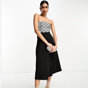 Asos design silver sequin embellished strapless scuba skater black midi dress